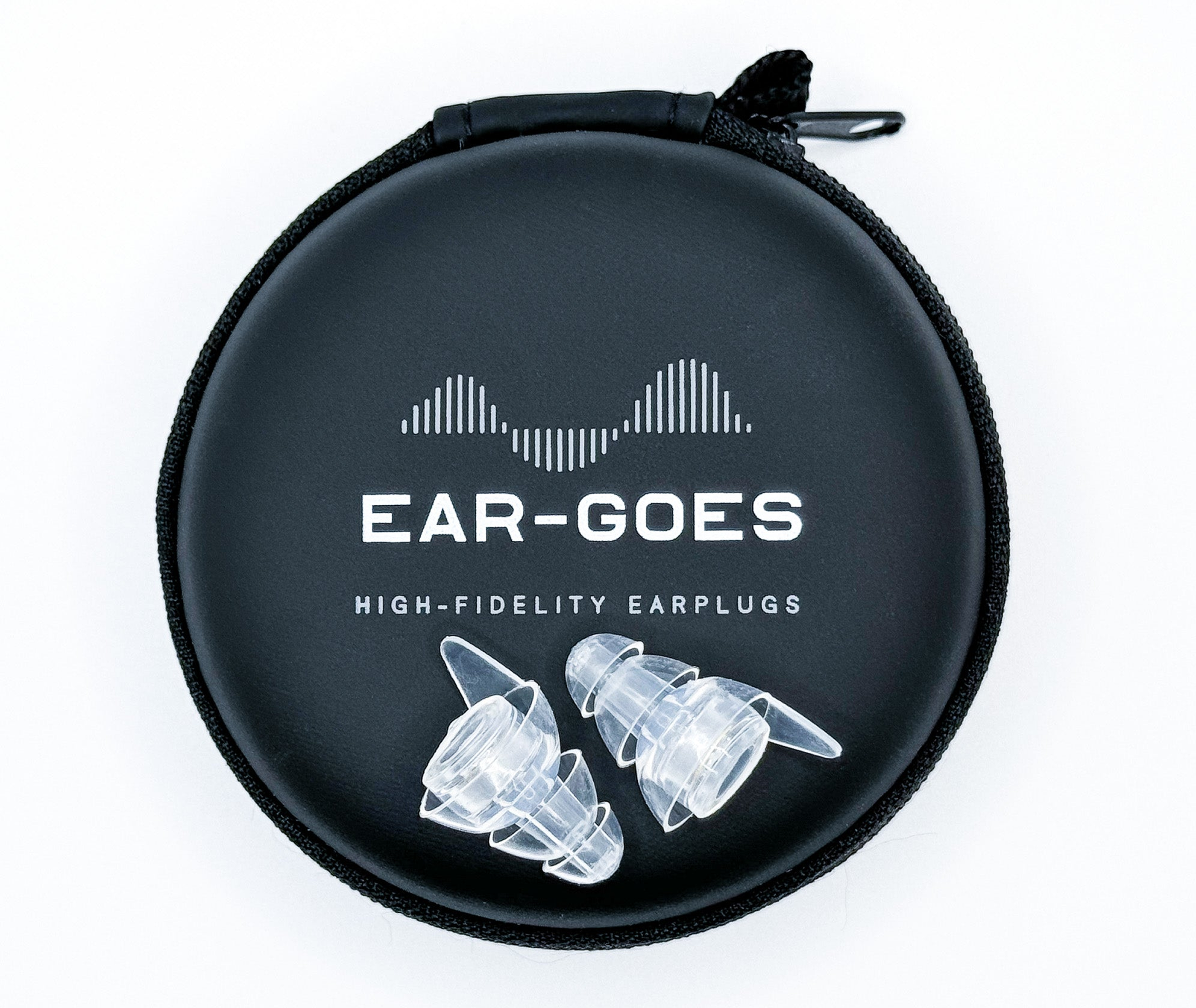 Ear-Goes high-fidelity earplugs with black zippered case on a white background