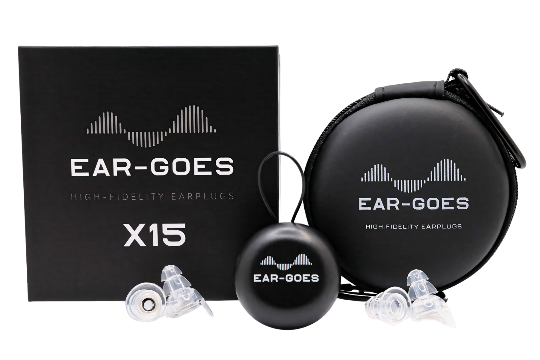 Ear-Goes X15 high-fidelity earplugs with packaging on a white background