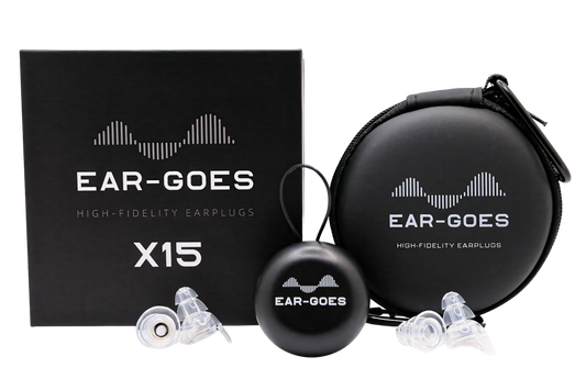 Ear-Goes X15 high-fidelity earplugs with packaging on a white background