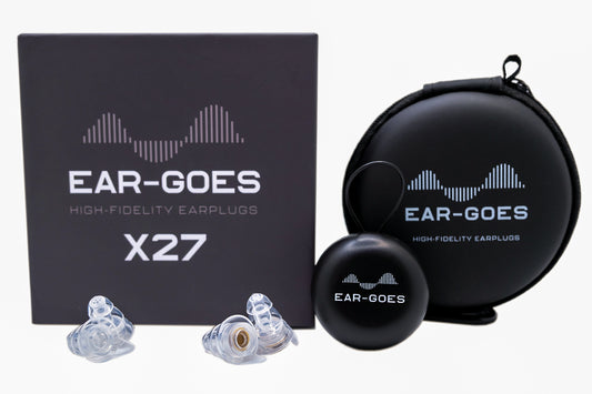 Ear-Goes high fidelity X27 earplugs with black clamshell and zippered case in front of a white background.